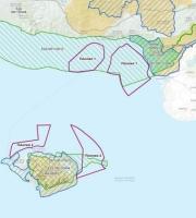 Με μωβ χρώμα οι περιοχές για τις ανεμογεννήτριες στα ανοιχτά Αλεξανδρούπολης και Σαμοθράκης.